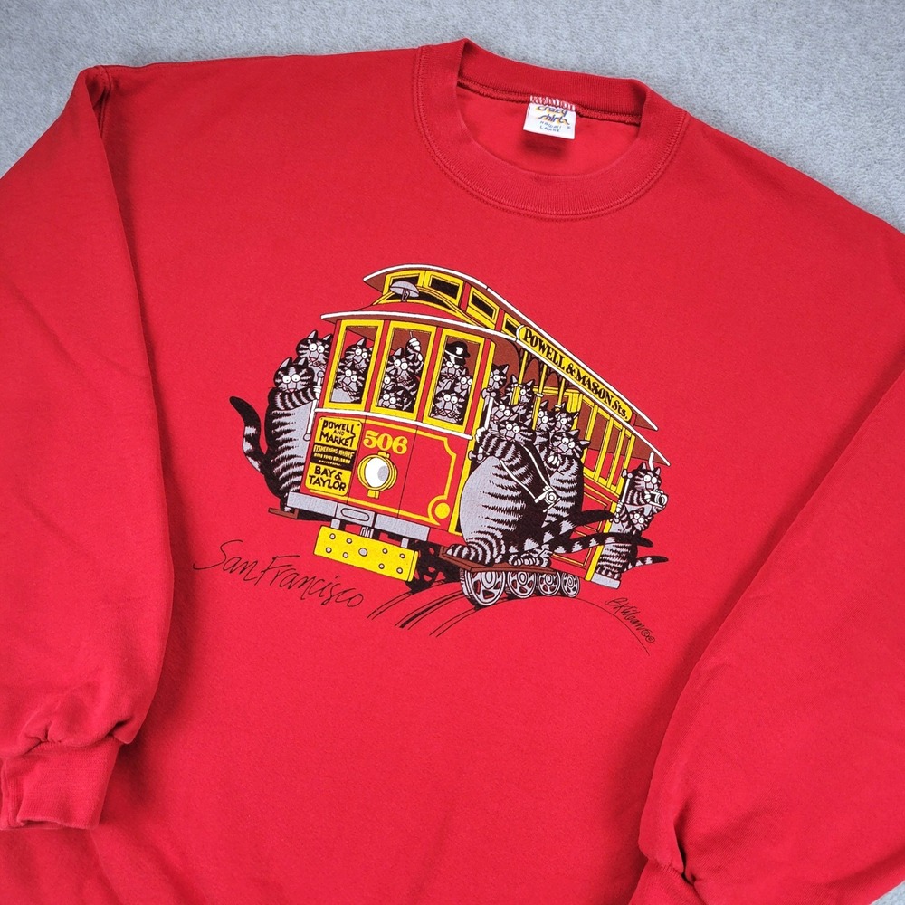 Crazy Shirt Sweatshirt Mens Large Red B. Kliban Cat San Francisco Cable Car USA